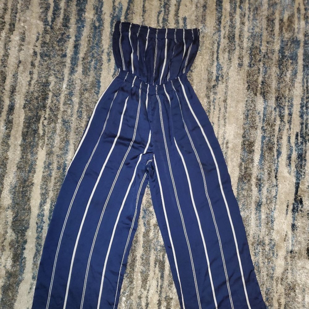 FOREVER 21 Satin blue-and-white striped jumpsuit || sz Sm GUC - Picture 6 of 13